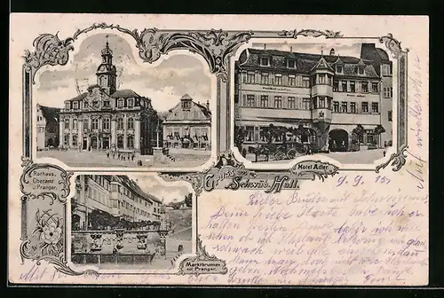 AK Schwäb. Hall, Rathaus, Oberamt und Pranger, Hotel Adler, Marktbrunnen