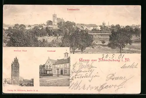 AK Müncheberg i. M., Totalansicht, Berliner Tor und Denkmal