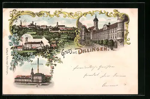 Lithographie Dillingen, Ortsansicht, Lyceum, Schloss, Elektrische Zentrale