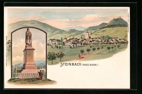 Lithographie Steinbach, Ortsansicht mit Erwin-Denkmal