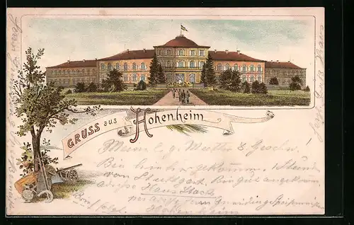Lithographie Hohenheim, Schloss mit Park, Baum mit Erntewerkzeug