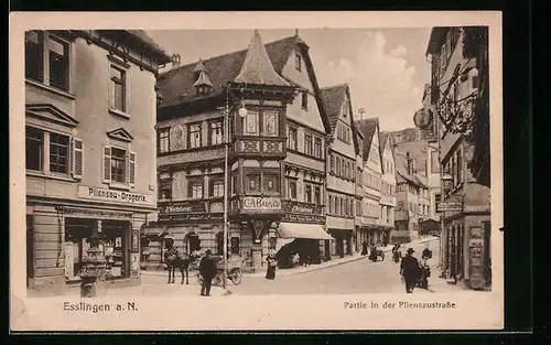 AK Esslingen a.N., Geschäftszeile in der Pliensaustrasse
