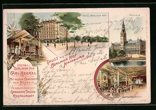 Lithographie Hamburg, Hotel Berliner Hof am Steinthorwall, Rathaus