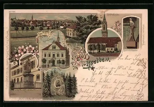 Lithographie Bretten, Ortsansicht, Stiftskirche, Rathaus, Melanchthon-Denkmal
