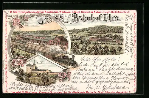 Lithographie Elm, Bahnhof und Burg Brandenstein