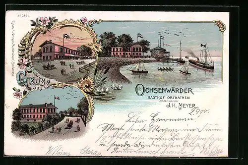 Lithographie Hamburg-Ochsenwerder, Gasthof Ortkathen, Inh.: J. H. Meyer