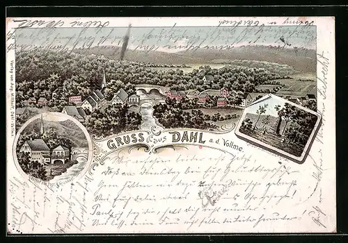 Lithographie Dahl a. d. Vollme, Ortsansicht mit Gasthof zur Post