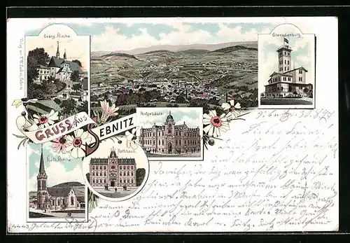 Lithographie Sebnitz, Grenadierburg, Rathaus, Postgebäude