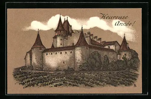 Lithographie Aigle, Le Château, Heureuse Année!