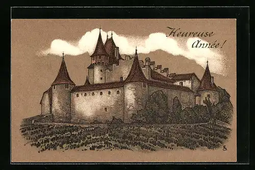 Lithographie Aigle, Le Château, Heureuse Année!