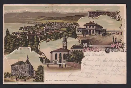 Lithographie Thalweil, Totalansicht, Kirche, Gemeindehaus, Bahnhof