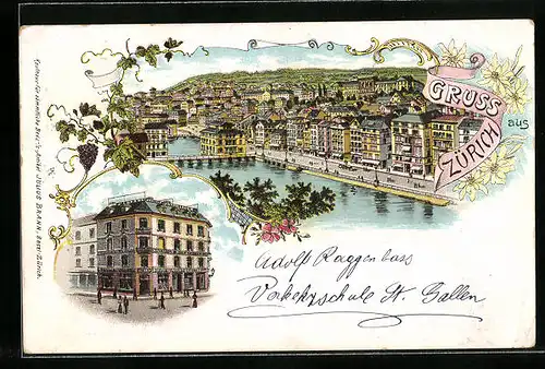 Lithographie Zürich, Totalansicht der Stadt mit Limmat