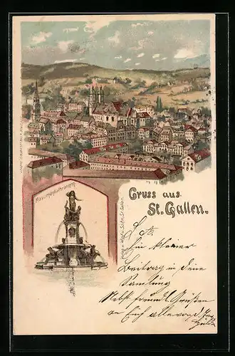 Lithographie St. Gallen, Totalansicht, Monumentalbrunnen