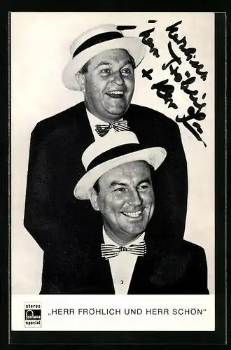 AK Musiker-Duo Herr Fröhlich und Herr Schön mit gestreiften Fliegen, Autograph