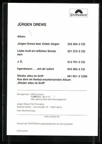 AK Musiker Jürgen Drews mit aufgestütztem Kopf, Autograph