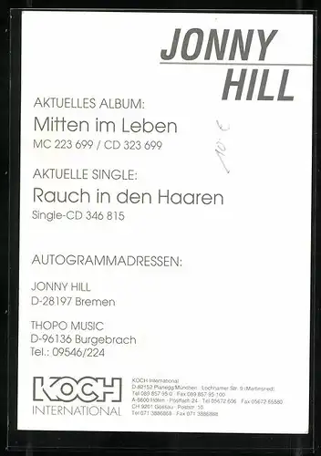 AK Musiker Jonny Hill im weissen Hemd, Autograph