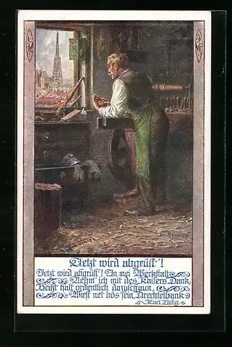 Künstler-AK Franz Kuderna, Deutscher Schulverein Nr. 869: Handwerker mit des Kaisers Dank in den Händen