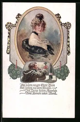 Künstler-AK W. Braun, Deutscher Schulverein Nr. 1197: Mann träumt bei einem Glas Wein von seiner Angebeteten