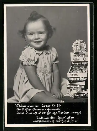 AK Kleines süsses Mädchen vor einem Berg Knuspertaler, Reklame für Kekse