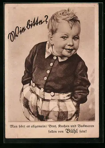 AK Kleiner Junge ganz keck mit den Händen in den Taschen, Reklame für Bühl Kekse