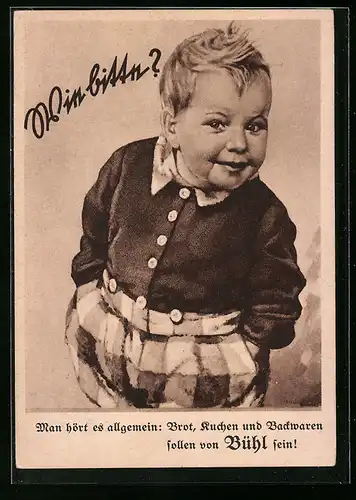 AK Kleiner Junge ganz keck mit den Händen in den Taschen, Reklame für Bühl Kekse