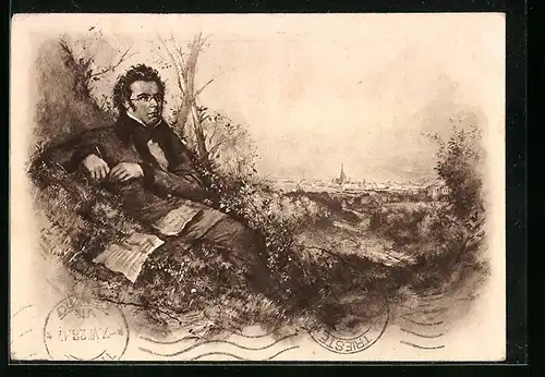 Künstler-AK Franz Schubert beim Komponieren in der Natur