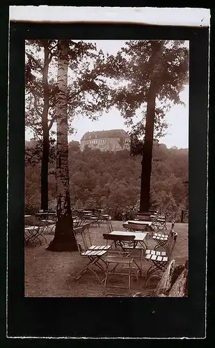 Fotografie Brück & Sohn Meissen, Ansicht Wolkenburg / Mulde, Blick vom Cafe nach dem Schloss Wolkenburg