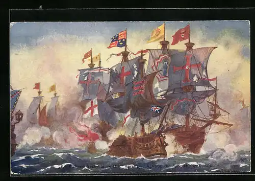 Künstler-AK Sir Richard Grenville in the Revenge fighting the Spanish Fleet 1591