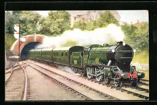 Künstler-AK Waterloo-Bournemouth Express, Southern Railway, Eton of the School Class, englische Eisenbahn
