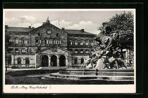 AK Fürth /Bay., Hauptbahnhof mit Springbrunnen