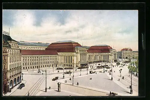 AK Leipzig, Hauptbahnhof mit Strasse aus der Vogelschau