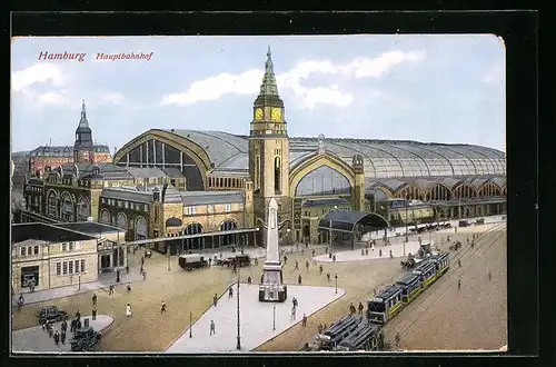 AK Hamburg-St.Georg, Hauptbahnhof mit Strasse und Strassenbahnen aus der Vogelschau