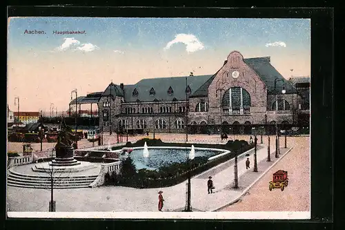 AK Aachen, Hauptbahnhof mit Springbrunnen