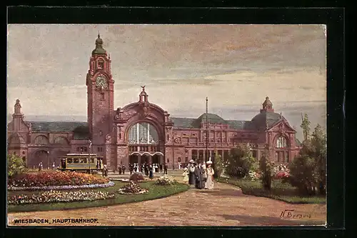Künstler-AK Wiesbaden, Hauptbahnhof mit Grünanalge