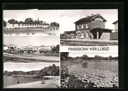 AK Passow b. Lübz, Bahnhof und Strandpartie