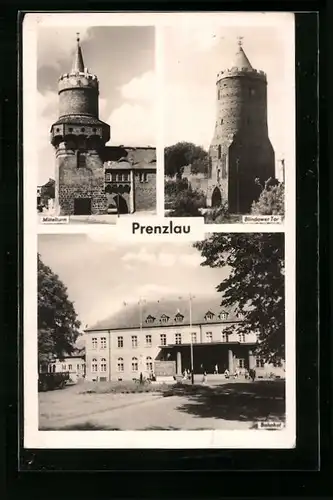 AK Prenzlau, Mittelturm, Blindower Tor & Bahnhof