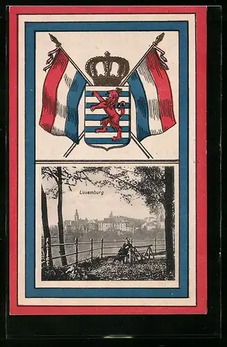 AK Luxemburg, Aussicht auf die Stadt, Fahne und Wappen