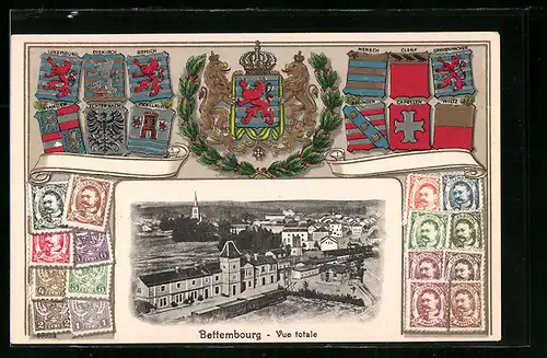 AK Bettembourg, Vue totale, Wappen, Briefmarken