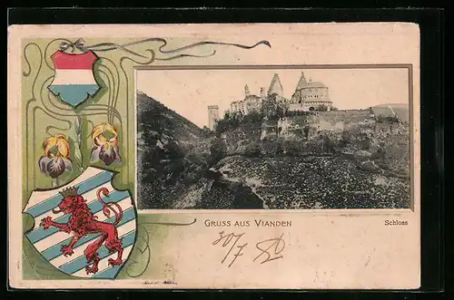 Passepartout-Lithographie Vianden, Schloss und Wappen