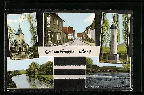 AK Brüggen /Leine, Rewe-Lebensmittel von Ursel Lichthardt, Kirche
