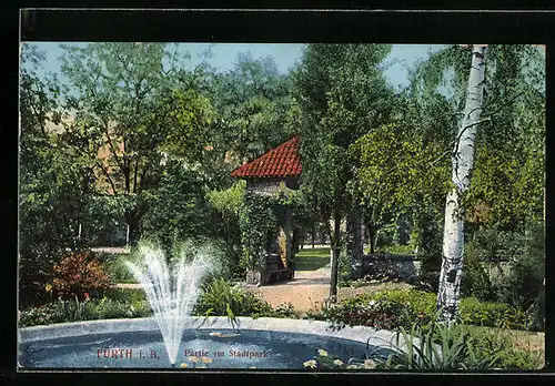 AK Fürth i. B., Partie im Stadtpark mit Springbrunnen