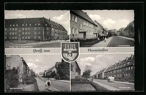 AK Neumünster, Kieler Str. / Gutenbergstr., Buddestrasse, Rosenstrasse