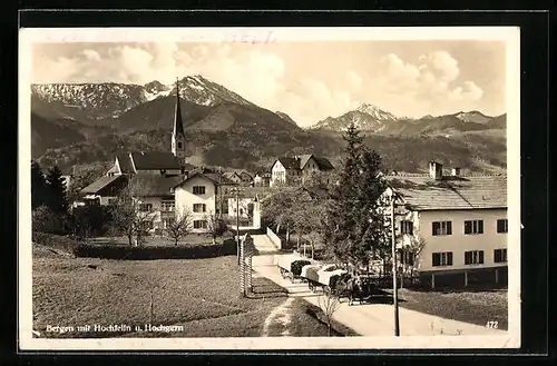 AK Bergen, Ortsansicht Kirche mit Hochfelln u. Hochgern