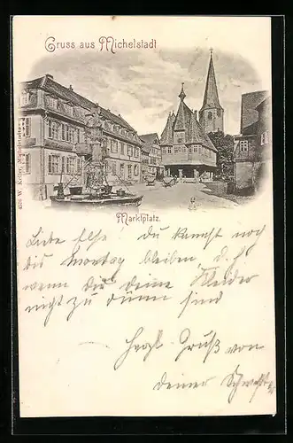 AK Michelstadt, Marktplatz mit Brunnen