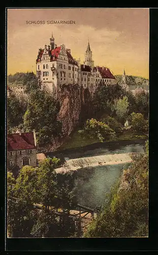 AK Sigmaringen, Gesamtansicht Schloss mit Gewässer