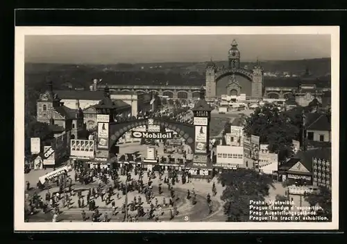 AK Prag, Ausstellungsgelände mit Strasse aus der Vogelschau