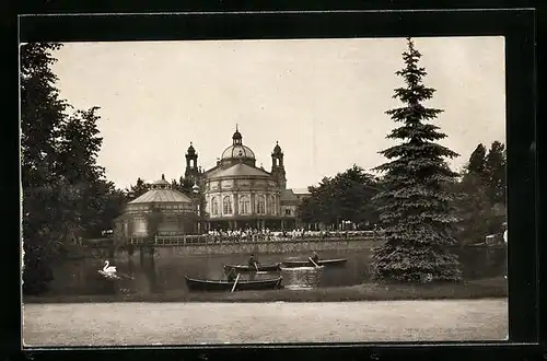 AK Dresden, Grosse Kunstausstellung 1908, Bootfahren im Park