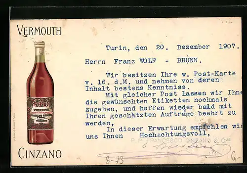 Künstler-AK Reklame für Vermouth Ginzano