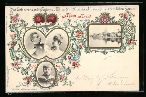 AK Regensburg, 150 jährige Anwesenheit des Hauses von Thurn & Taxis, Ganzsache Bayern, Fürst Albert, Fürstin Margaretha