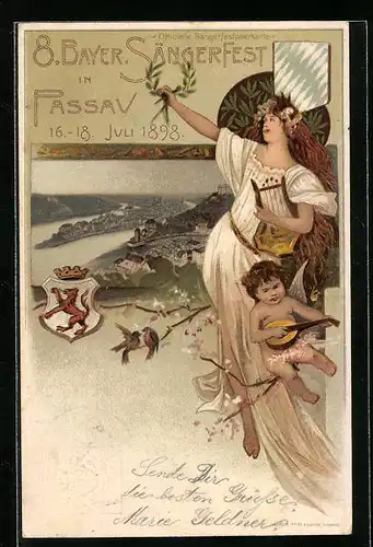 Lithographie Passau, 8. Bayer. Sängerfest 1898, Frau mit Lyra und Engel am Stadtrand, Ganzsache Bayern
